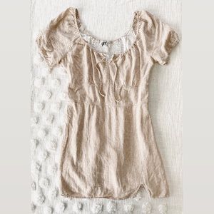 ABERCROMBIE & FITCH Linen Stripe Puff Sleeve Mini Dress Neutral Tan Size Large
